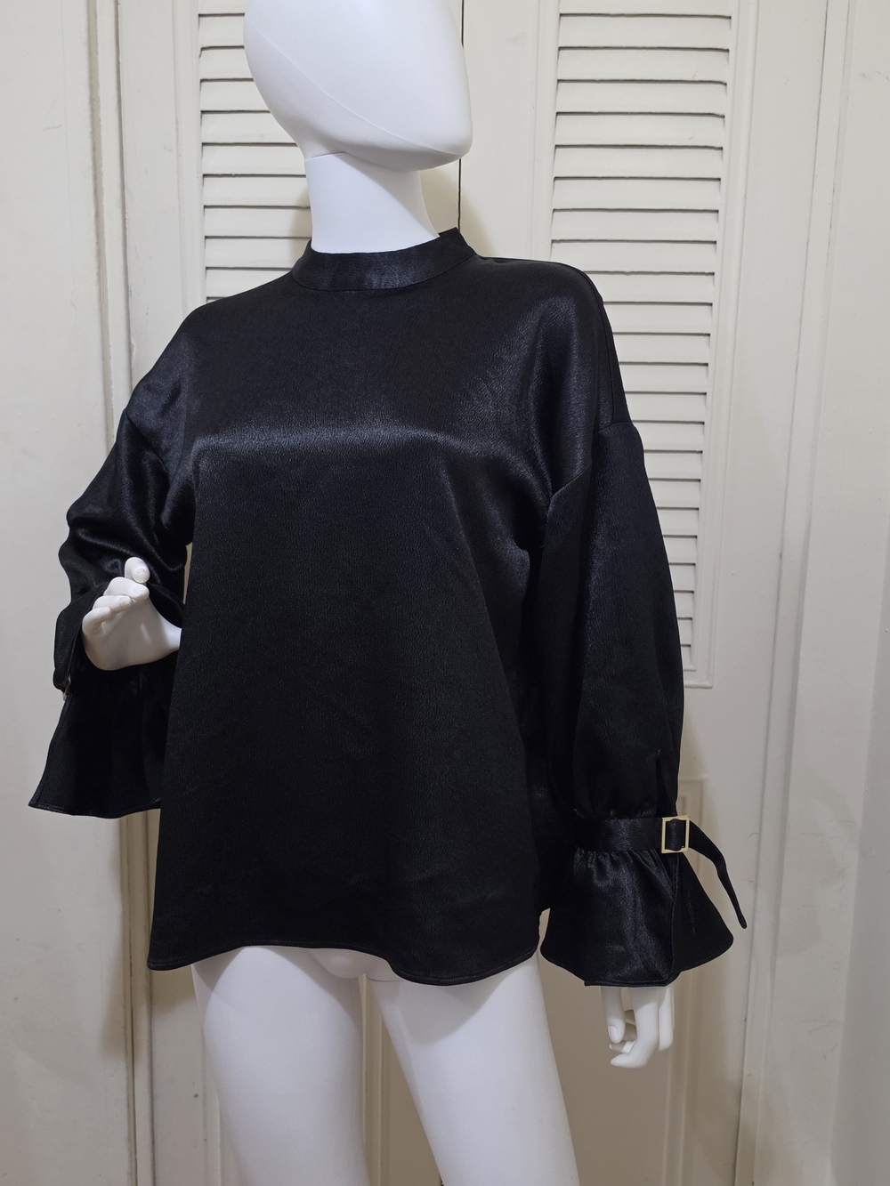 Express Black Satin Long-Sleeve Top with Ruffle Buckle Cuffs